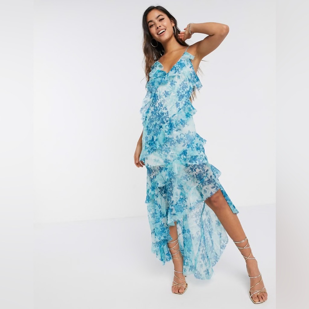Tiered Ruffle Cami Slip Maxi Dress In Blue Floral Print-multi